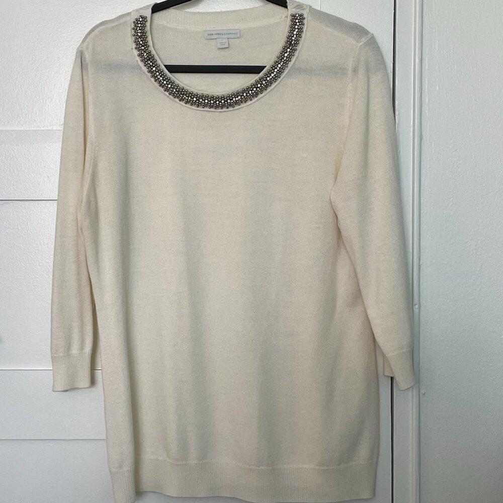 New York & Company Ivory Embellished Neckline Tunic Sweater Long Sleeve Size XL